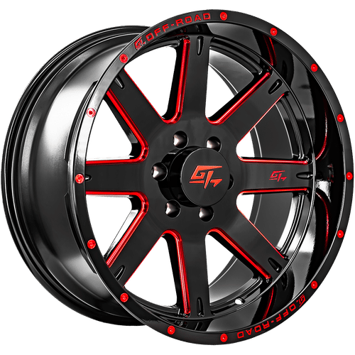 GT OFFROAD Invasion Gloss Black Milled Red Gloss Black Milled Red 22x12 8x165.1 Wheels | Offset: -44 | Backspace: 4.75 | Bore: 125.2