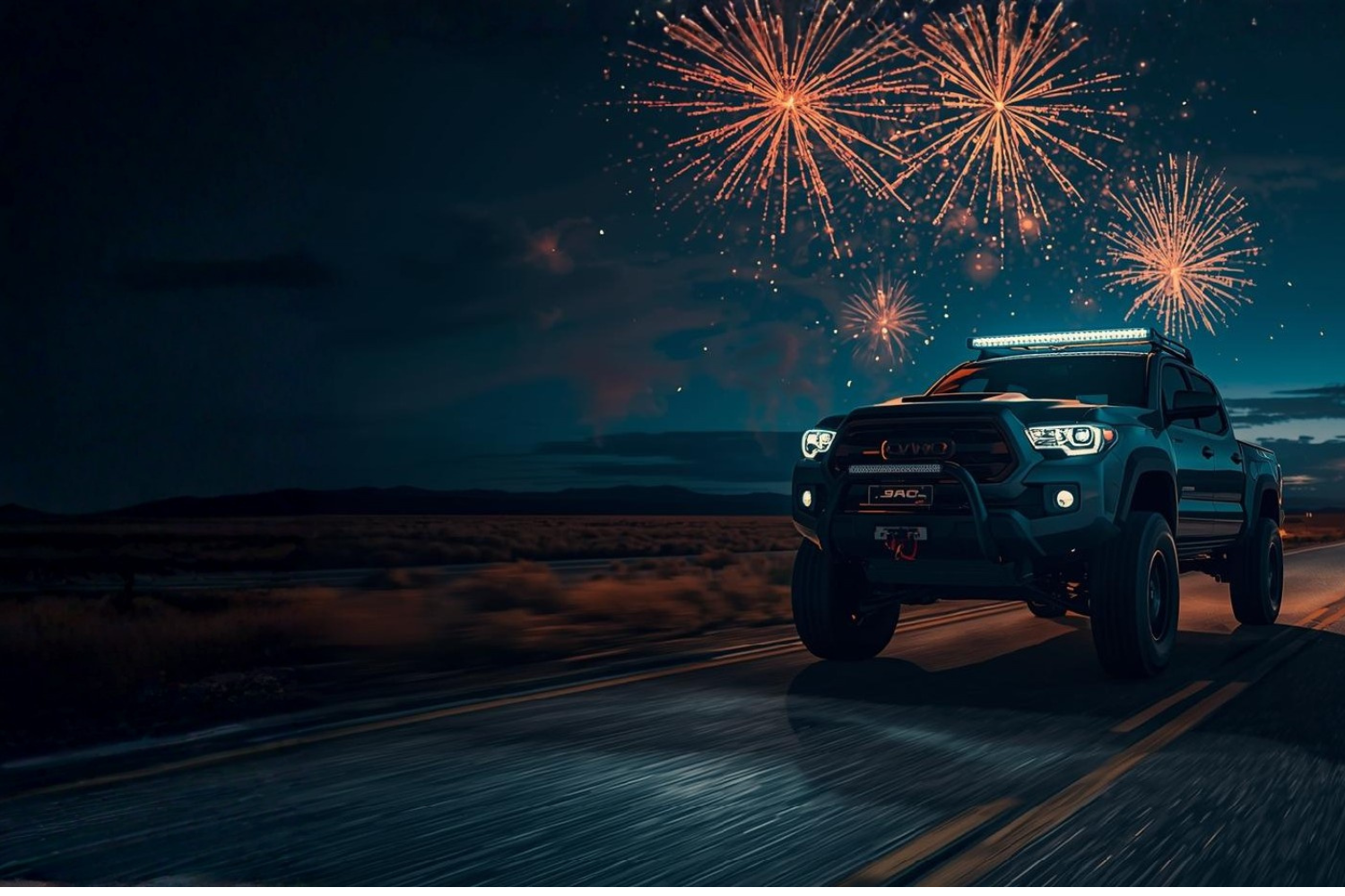 Truck on a road with fireworks in the sky