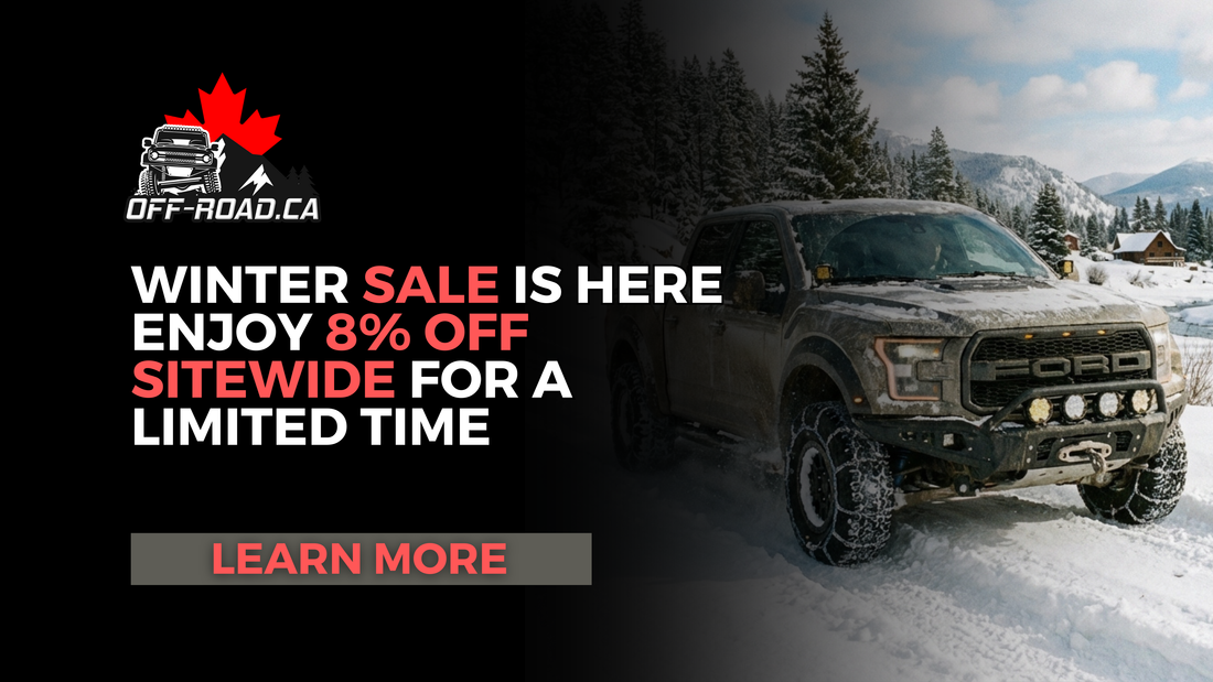 Winter Sale banner featuring an off-road truck driving through a snowy landscape.