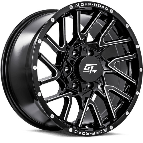 GT OFFROAD Aggression Gloss Black Milled Gloss Black Milled 18x9 6x135/6x139.7 Wheels | Offset: 12 | Backspace: 5.5 | Bore: 106.1