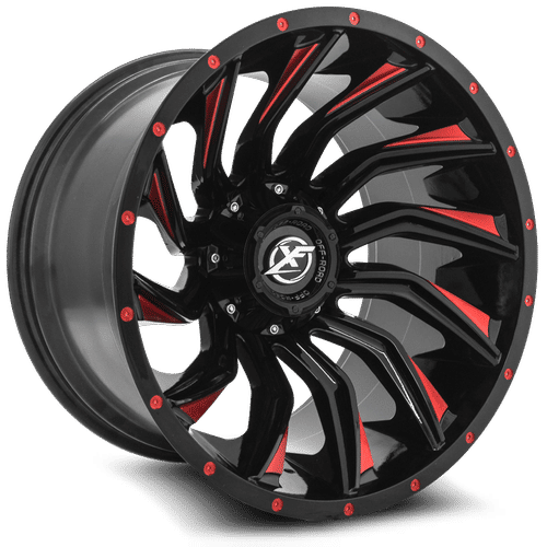 XF OFFROAD XF-224 Gloss Black Milled Red 22x12 5x139.7/5x150 Wheels | Offset: -44 | Backspace: 4.77 | Bore: 110.3