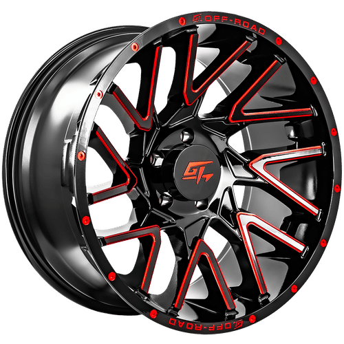 GT OFFROAD Aggression Gloss Black Milled Red Gloss Black Milled Red 22x12 5x127 Wheels | Offset: -44 | Backspace: 4.75 | Bore: 87.1