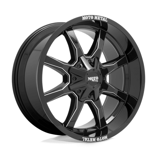 Moto Metal MO970 GLOSS BLACK WITH MILLED SPOKE & MOTO METAL ON LIP 18x9 8x165.1 Wheels | Offset: 18 | Backspace: 5.71 | Bore: 125.1