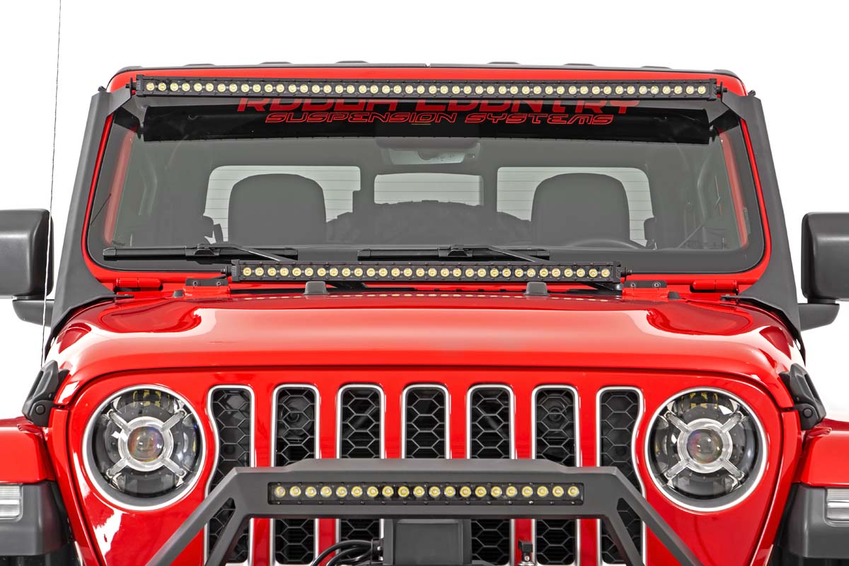 Jeep 50-inch Straight LED Light Bar Upper Windshield Kit w/ Dual-Row Black Series LED (20-22 Gladiator JT, 18-22 Wrangler JL)