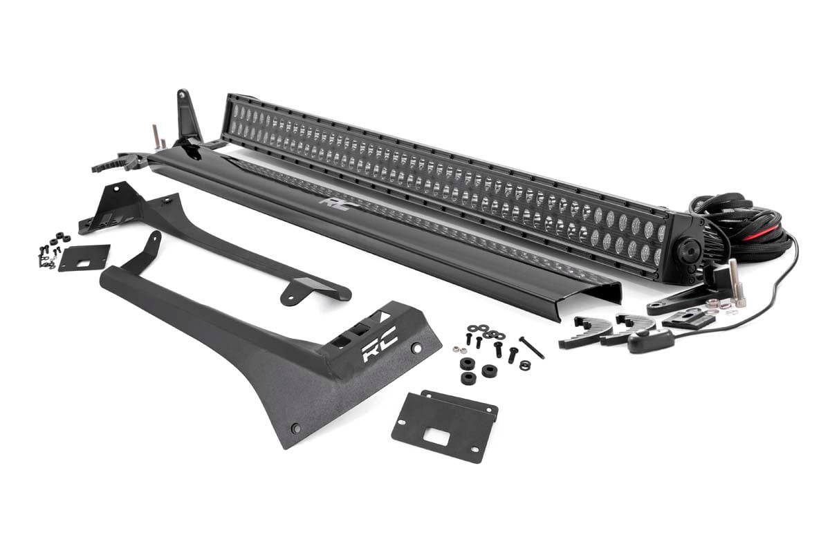 Jeep 50-inch Straight LED Light Bar Upper Windshield Kit w/ Dual-Row Black Series LED (20-22 Gladiator JT, 18-22 Wrangler JL) - Off Road Canada